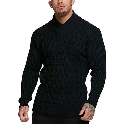 Men Shawl Collar Knit Sweater Pullover Turtleneck Slim Fit Long Sleeve Casual Sweater