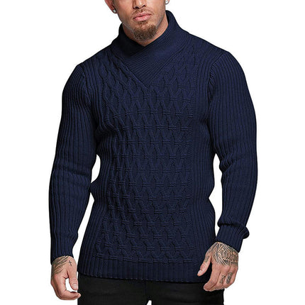 Men Shawl Collar Knit Sweater Pullover Turtleneck Slim Fit Long Sleeve Casual Sweater