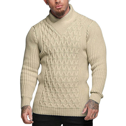 Men Shawl Collar Knit Sweater Pullover Turtleneck Slim Fit Long Sleeve Casual Sweater