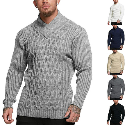 Men Shawl Collar Knit Sweater Pullover Turtleneck Slim Fit Long Sleeve Casual Sweater