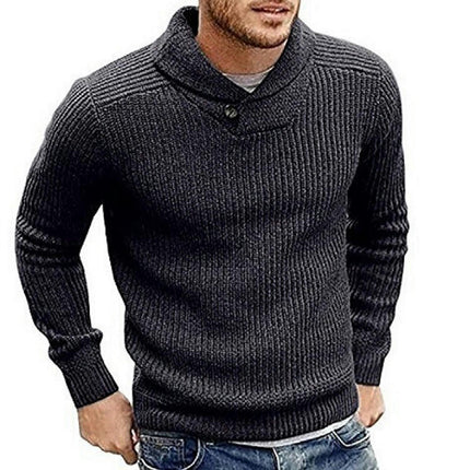 Men's Shawl Collar Pullover Sweater Slim Fit Solid Color Casual Cable Knit Sweaters