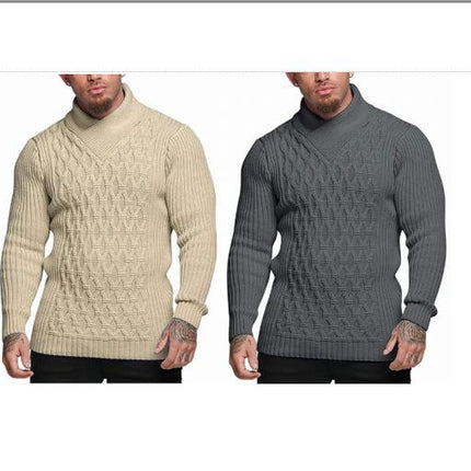 Men's Shawl Collar Pullover Sweater Slim Fit Solid Color Casual Cable Knit Sweaters