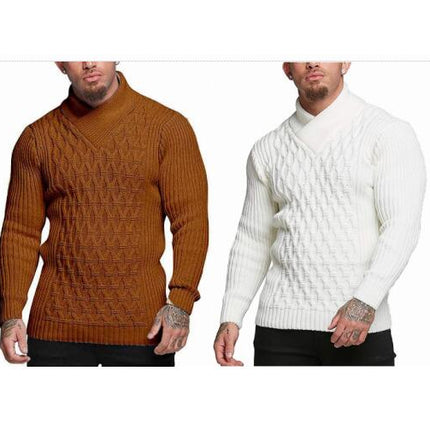 Men's Shawl Collar Pullover Sweater Slim Fit Solid Color Casual Cable Knit Sweaters