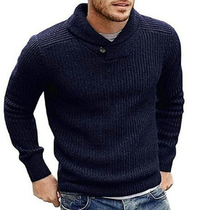 Men's Shawl Collar Pullover Sweater Slim Fit Solid Color Casual Cable Knit Sweaters