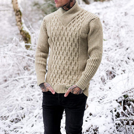 Men's Shawl Collar Pullover Sweater Slim Fit Solid Color Casual Cable Knit Sweaters