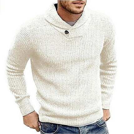 Men's Shawl Collar Pullover Sweater Slim Fit Solid Color Casual Cable Knit Sweaters