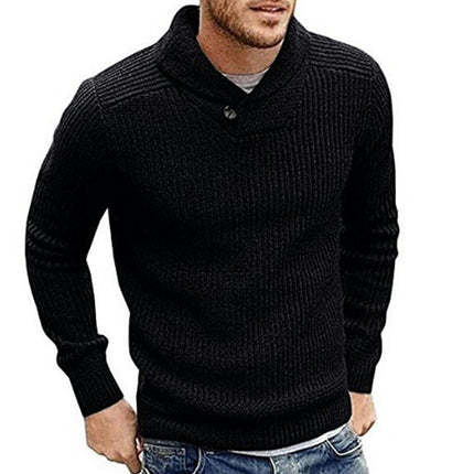 Men's Shawl Collar Pullover Sweater Slim Fit Solid Color Casual Cable Knit Sweaters