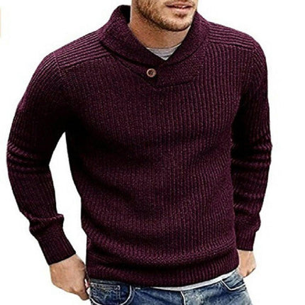 Men's Shawl Collar Pullover Sweater Slim Fit Solid Color Casual Cable Knit Sweaters