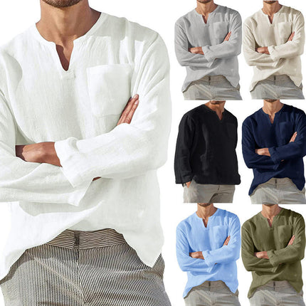 Men's Long-Sleeve Solid Linen Cotton Popover Shirt