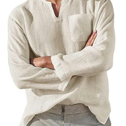 Men's Long-Sleeve Solid Linen Cotton Popover Shirt