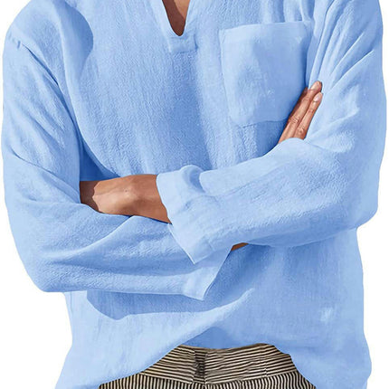 Men's Long-Sleeve Solid Linen Cotton Popover Shirt