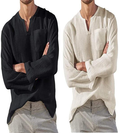 Men's Long-Sleeve Solid Linen Cotton Popover Shirt