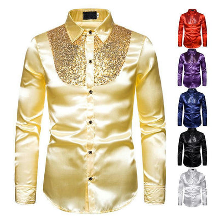 Sequin Splicing Shirt Men Long Sleeve Disco Party Shirts