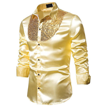 Sequin Splicing Shirt Men Long Sleeve Disco Party Shirts