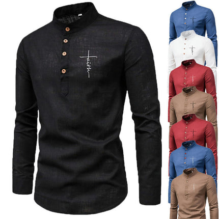 Men's Stand Neck Long Sleeve Daily Look Linen Shirts