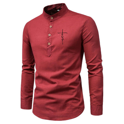 Men's Stand Neck Long Sleeve Daily Look Linen Shirts