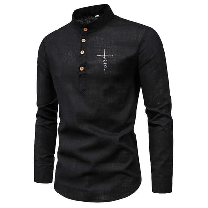 Men's Stand Neck Long Sleeve Daily Look Linen Shirts