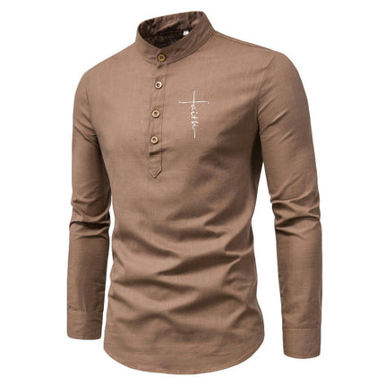 Men's Stand Neck Long Sleeve Daily Look Linen Shirts