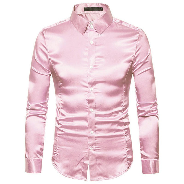 Men's Shiny Silk Like Satin Dress Shirt Long Sleeve Casual Slim Fit Button Up Shirts