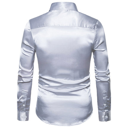 Men's Shiny Silk Like Satin Dress Shirt Long Sleeve Casual Slim Fit Button Up Shirts