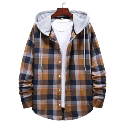 Men's Hoodie Plaid Shirt Long Sleeve Casual Button Down Shirt