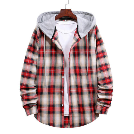 Men's Hoodie Plaid Shirt Long Sleeve Casual Button Down Shirt