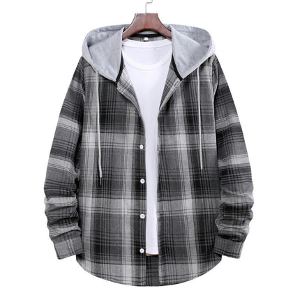 Men's Hoodie Plaid Shirt Long Sleeve Casual Button Down Shirt