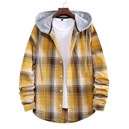 Men's Hoodie Plaid Shirt Long Sleeve Casual Button Down Shirt