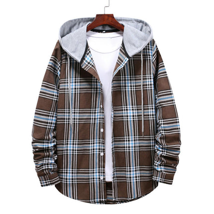 Men's Hoodie Plaid Shirt Long Sleeve Casual Button Down Shirt