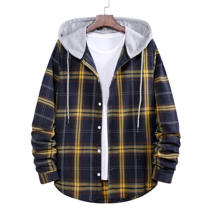 Men's Hoodie Plaid Shirt Long Sleeve Casual Button Down Shirt