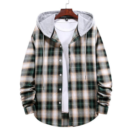 Men's Hoodie Plaid Shirt Long Sleeve Casual Button Down Shirt