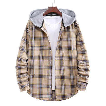 Men's Hoodie Plaid Shirt Long Sleeve Casual Button Down Shirt