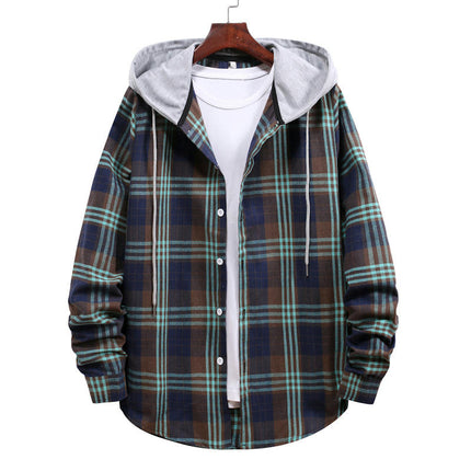 Men's Hoodie Plaid Shirt Long Sleeve Casual Button Down Shirt