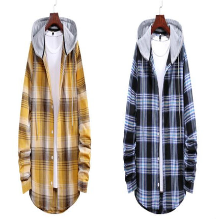 Men's Hoodie Plaid Shirt Long Sleeve Casual Button Down Shirt