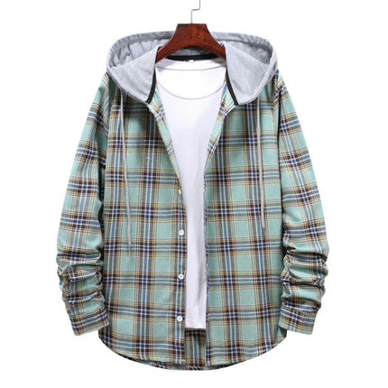 Men's Hoodie Plaid Shirt Long Sleeve Casual Button Down Shirt