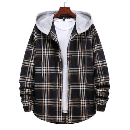 Men's Hoodie Plaid Shirt Long Sleeve Casual Button Down Shirt