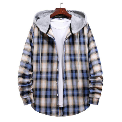 Men's Hoodie Plaid Shirt Long Sleeve Casual Button Down Shirt