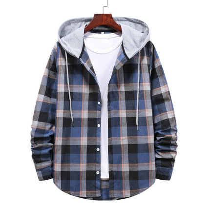 Men's Hoodie Plaid Shirt Long Sleeve Casual Button Down Shirt