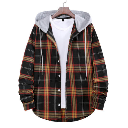 Men's Hoodie Plaid Shirt Long Sleeve Casual Button Down Shirt