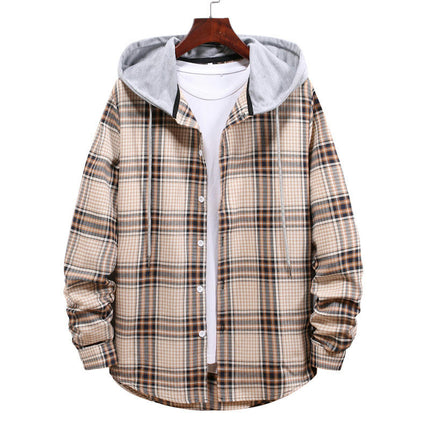 Men's Hoodie Plaid Shirt Long Sleeve Casual Button Down Shirt