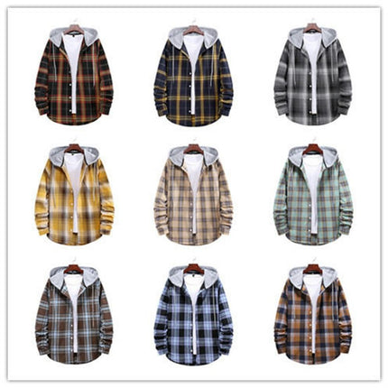 Men's Hoodie Plaid Shirt Long Sleeve Casual Button Down Shirt