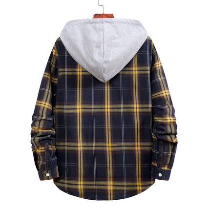 Men's Hoodie Plaid Shirt Long Sleeve Casual Button Down Shirt