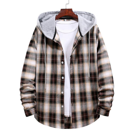 Men's Hoodie Plaid Shirt Long Sleeve Casual Button Down Shirt