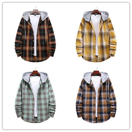 Men's Hoodie Plaid Shirt Long Sleeve Casual Button Down Shirt