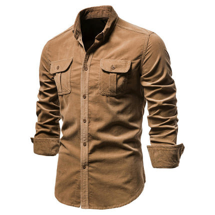 Men's Corduroy Button Down Shirts Casual Long Sleeve Shacket Jacket with Flap Pockets