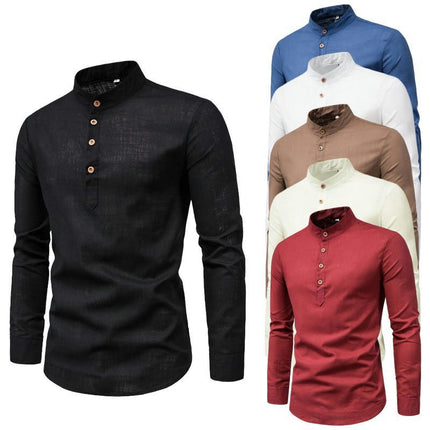 Men's Casual Long Sleeve Linen Slim Beach Shirts Tops