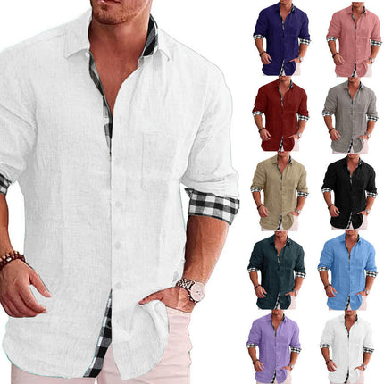 Men's Casual Long Sleeve Cotton Linen Shirt Button Beach Shirts