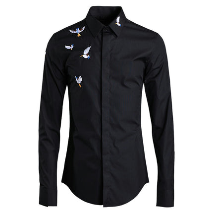 Men's Embroidery Design Slim Fit Long Sleeve Button Up Dress Shirts