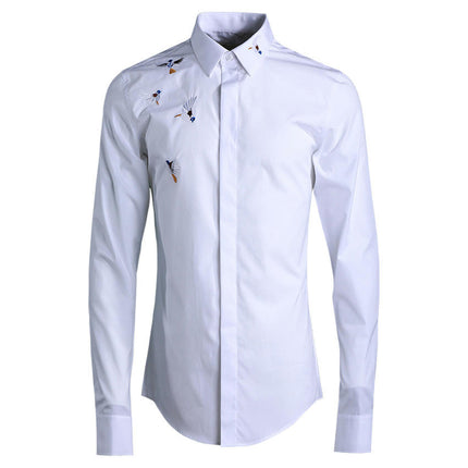 Men's Embroidery Design Slim Fit Long Sleeve Button Up Dress Shirts