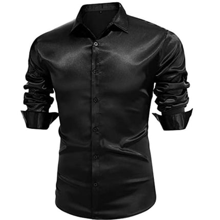 Men's Satin Dress Shirt Long Sleeve Casual Slim Fit Button Up Shirts